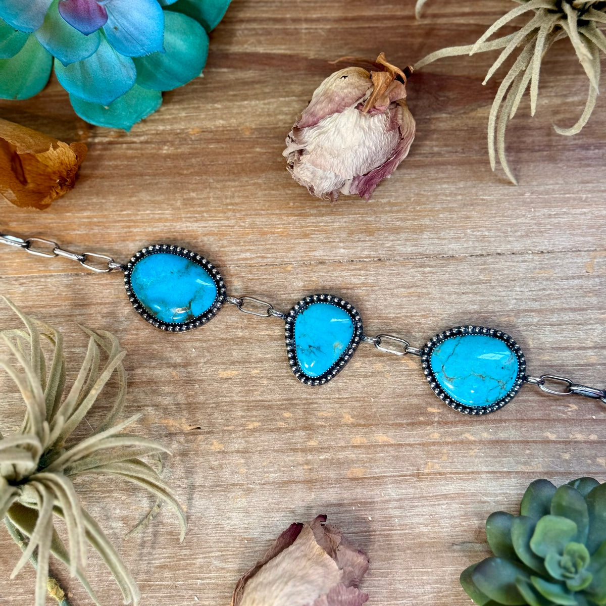 MJ One-of-a-Kind Three-Stone Turquoise Beaded Border Choker