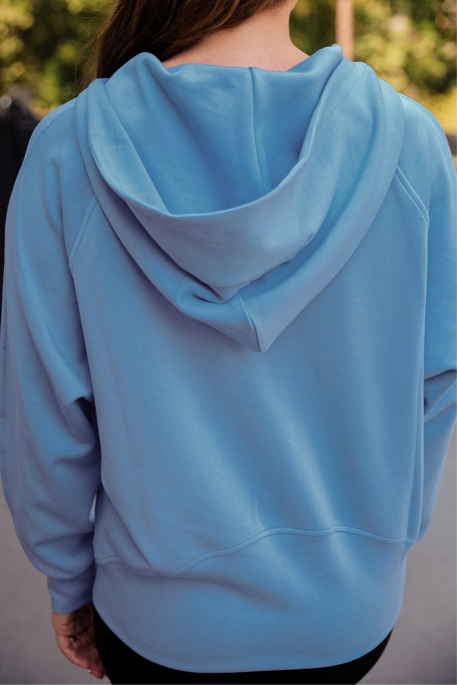 Kayla Luxe Hooded Quarter Zip Pullover- Light Blue