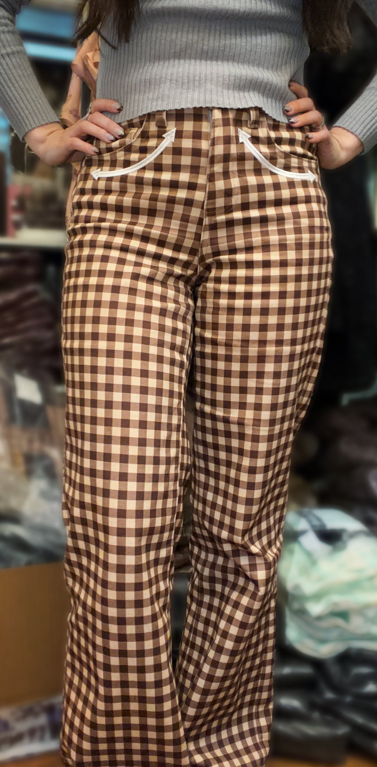 Brown Plaid Western Arrow Pocket Wide Leg Jeans
