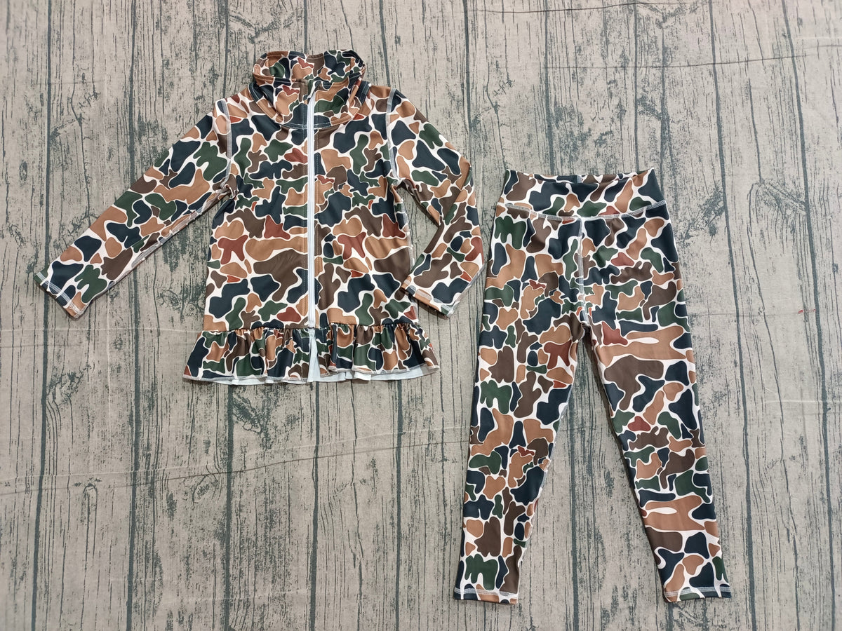 Long sleeves brown camo ruffle top leggings girls yoga set