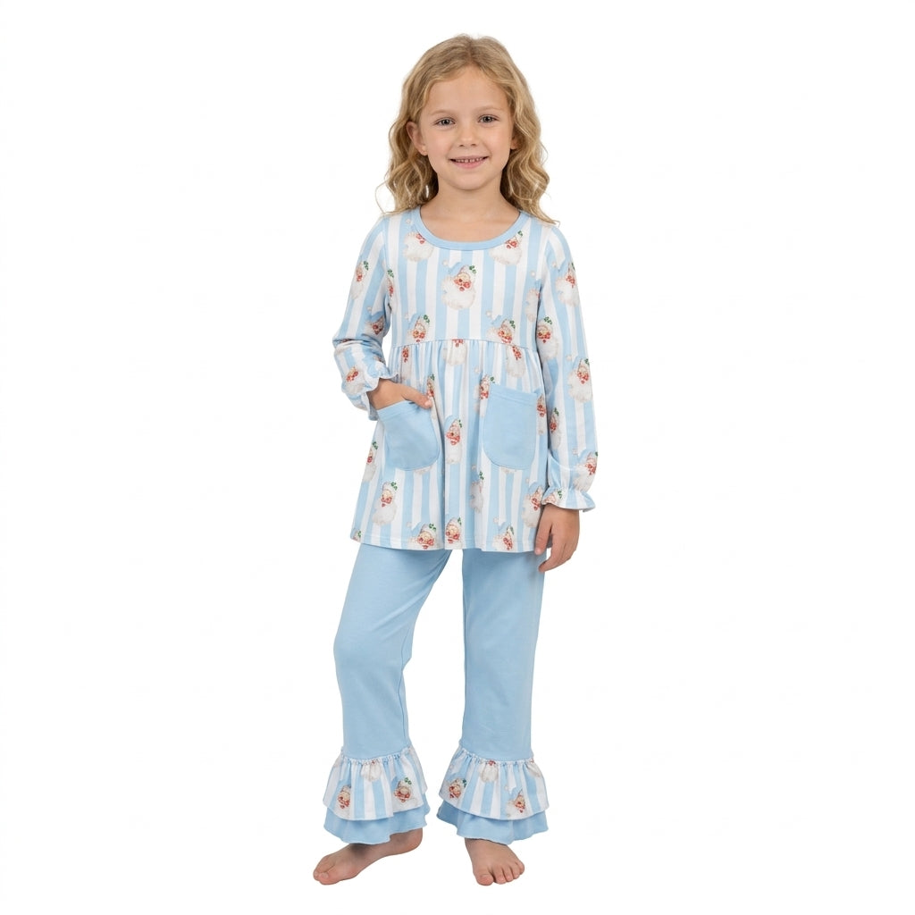 Stripe santa tunic light blue ruffle pants girls Christmas set