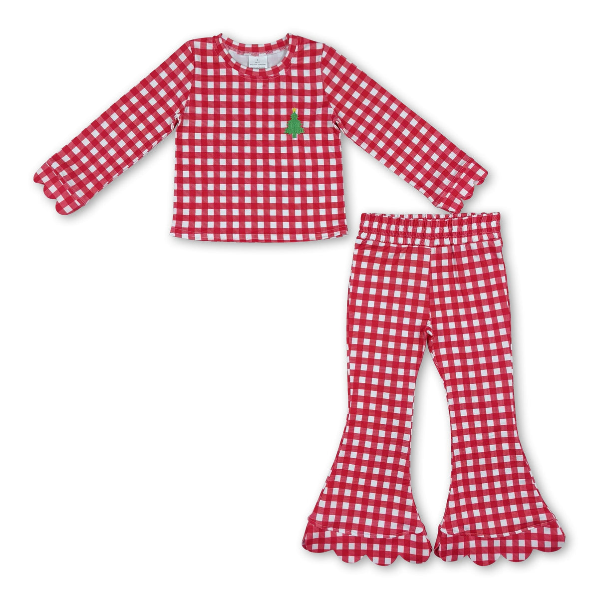 Plaid Christmas tree embroidery scallop girls outfits