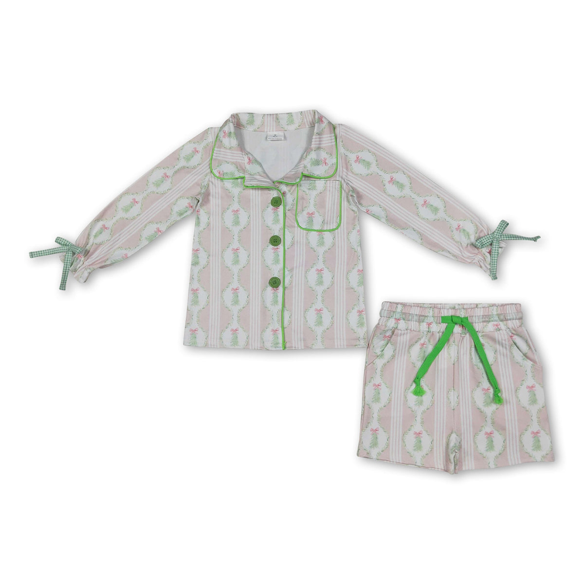 Pink Christmas tree bow button down kids girls pjs set