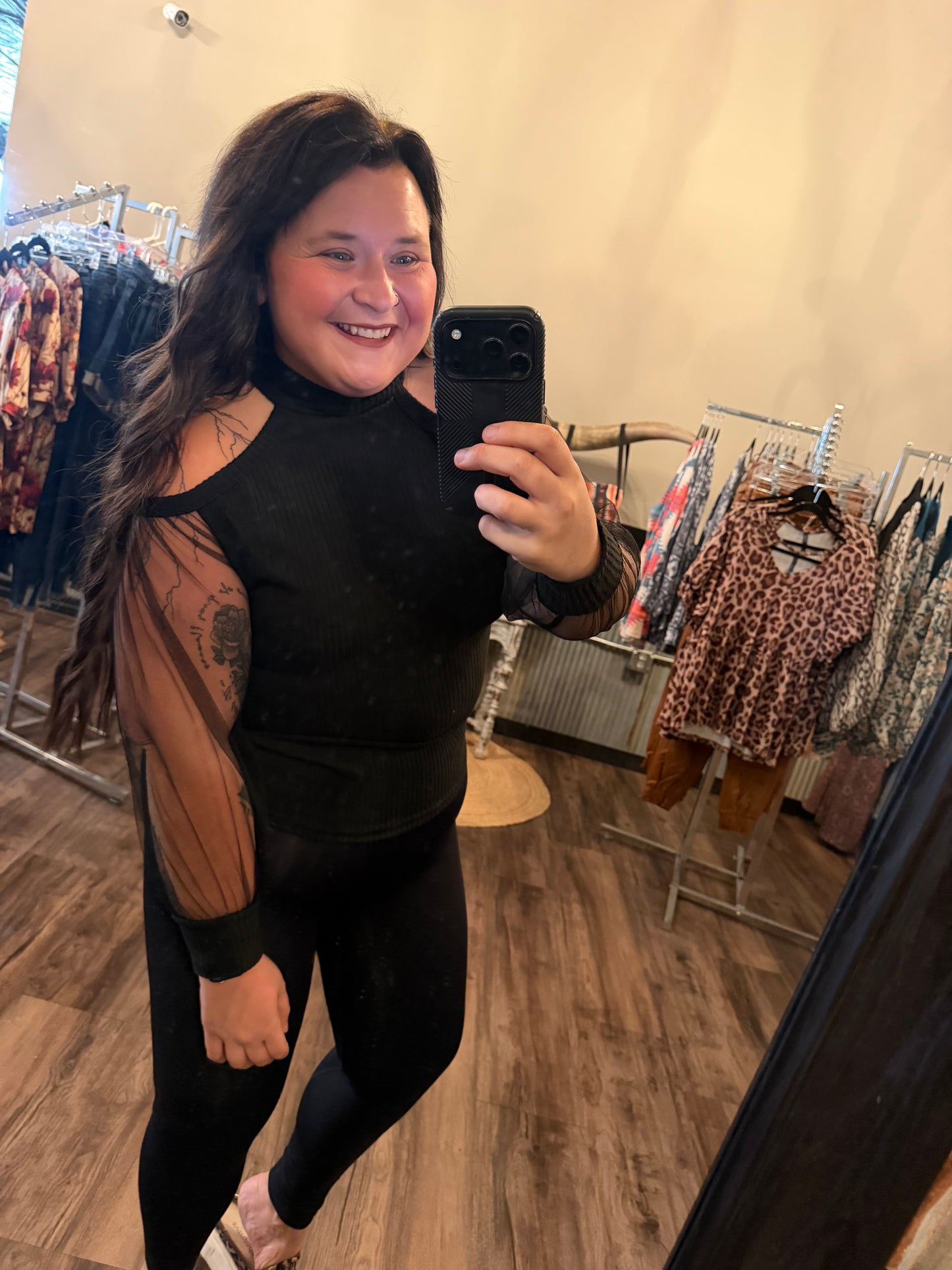 Black Cold Shoulder Sheer Mesh Sleeve Top
