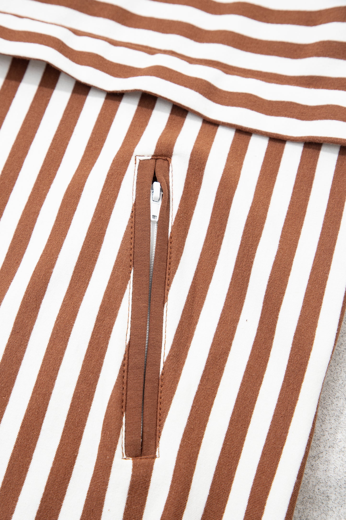 Brown Stripe Color Block Patchwork Quarter Zip Pullover Sporty Shorts Set