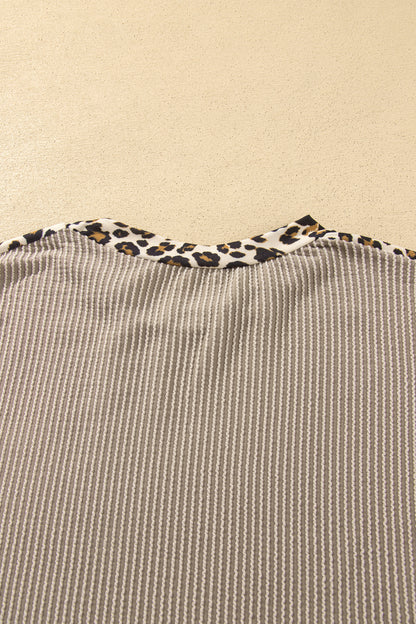 Simply Taupe Cozy Ribbed Patchwork Leopard Trim Long Sleeve 2pcs Pant Set