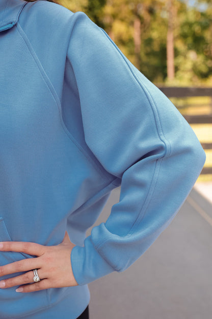 Kayla Luxe Hooded Quarter Zip Pullover- Light Blue