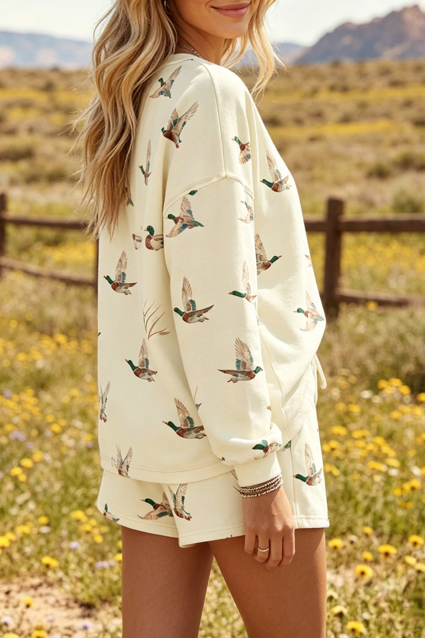 Beige Free Mallard Print Long Sleeve Top Drawstring Short Set