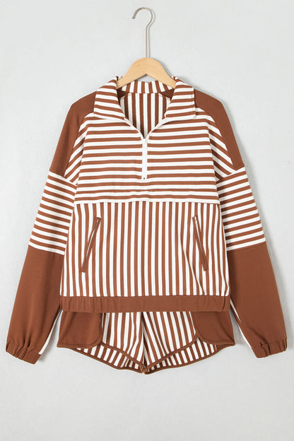 Brown Stripe Color Block Patchwork Quarter Zip Pullover Sporty Shorts Set