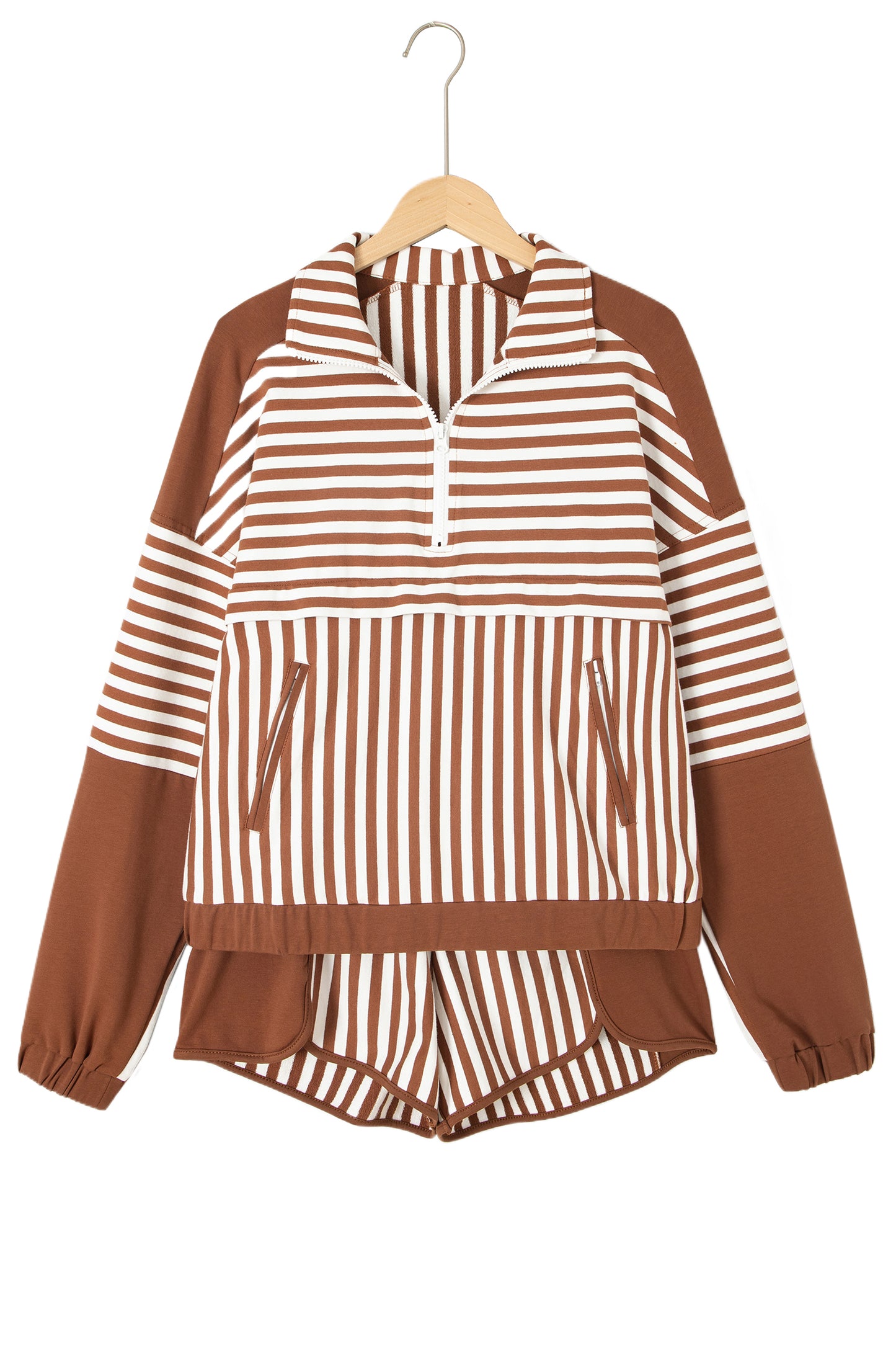 Brown Stripe Color Block Patchwork Quarter Zip Pullover Sporty Shorts Set