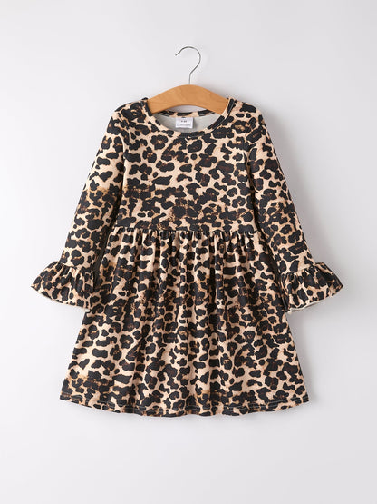 Fall Pumpkin Leopard Print Autumn Girls Ruffle Two-Piece Dress