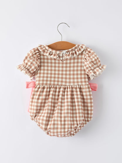 Christmas Vintage-Style Plaid Embroidered Gingerbread and Bows Girls Romper