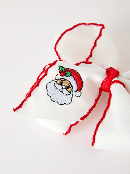 Girls' Christmas Santa Embroidered 6.25" Hair Bow – White/Pink