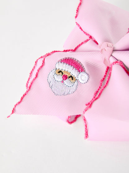 Girls' Christmas Santa Embroidered 6.25" Hair Bow – White/Pink