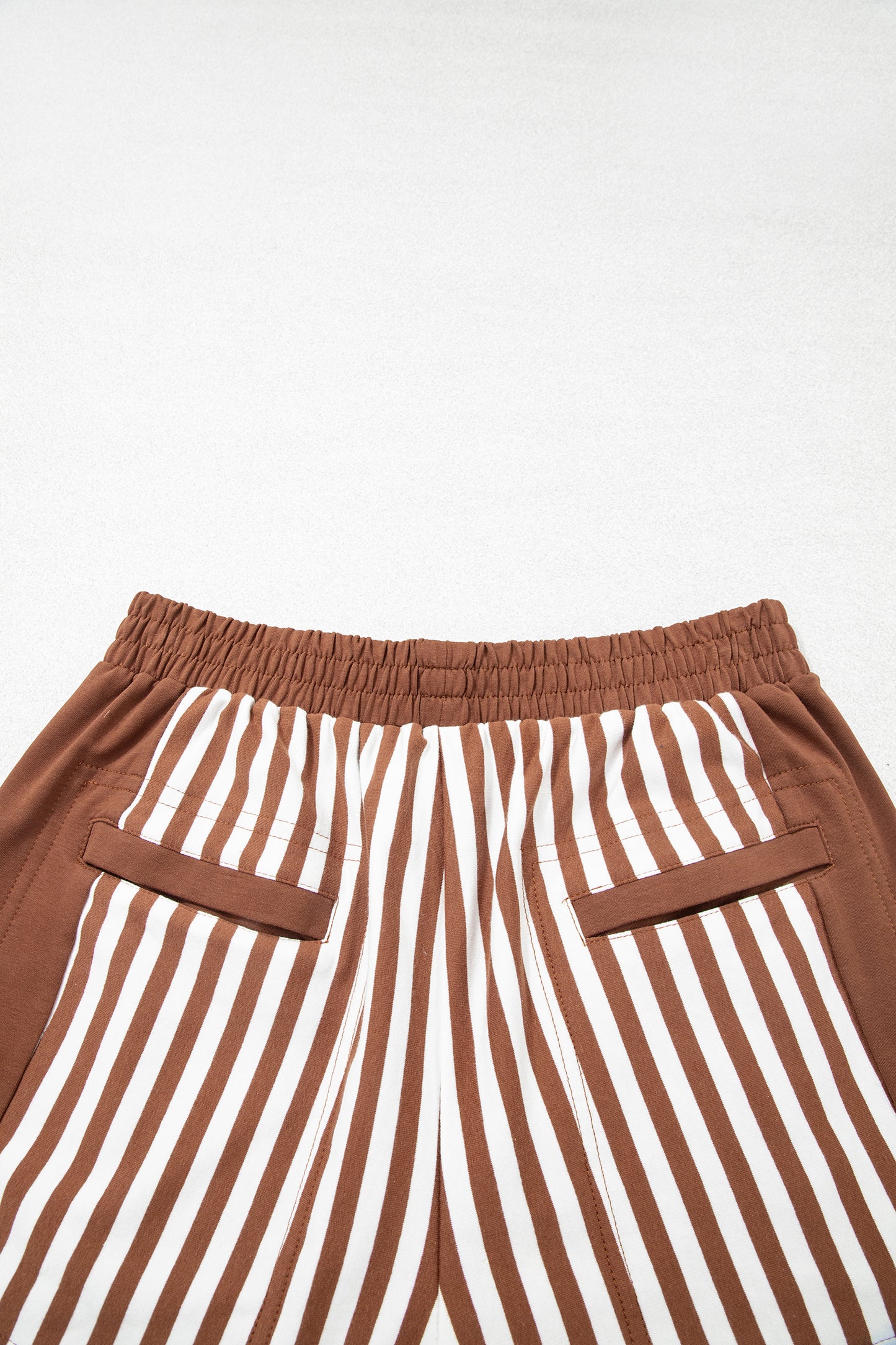 Brown Stripe Color Block Patchwork Quarter Zip Pullover Sporty Shorts Set