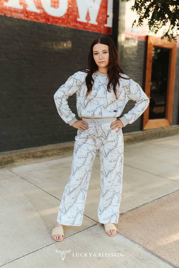 White Camo Print Cropped Sweatshirt & Pants Lounge Set