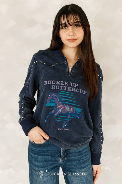 Dark Blue Mineral Wash Vintage Running Horse Sweater
