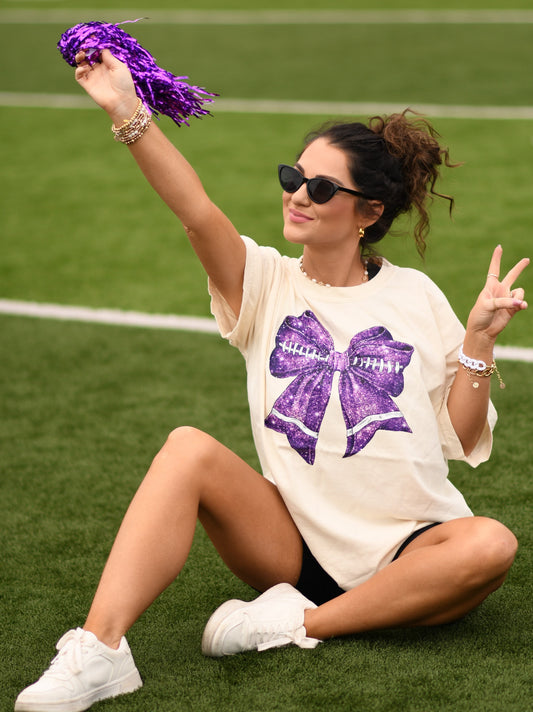 Purple Faux Glitter Football Bow