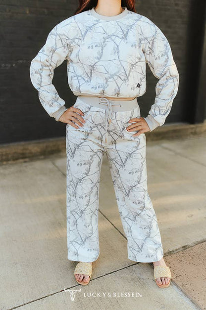 White Camo Print Cropped Sweatshirt & Pants Lounge Set