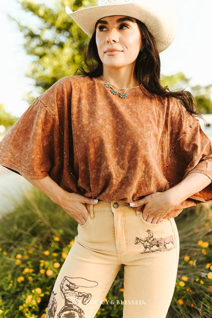 Camel Mineral Wash Studded Side Seam Oversized Tee