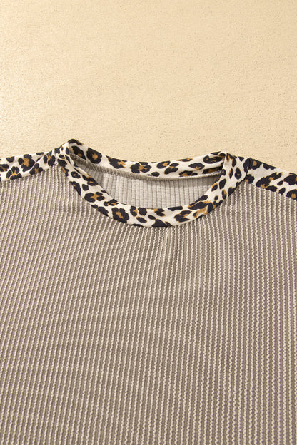 Simply Taupe Cozy Ribbed Patchwork Leopard Trim Long Sleeve 2pcs Pant Set