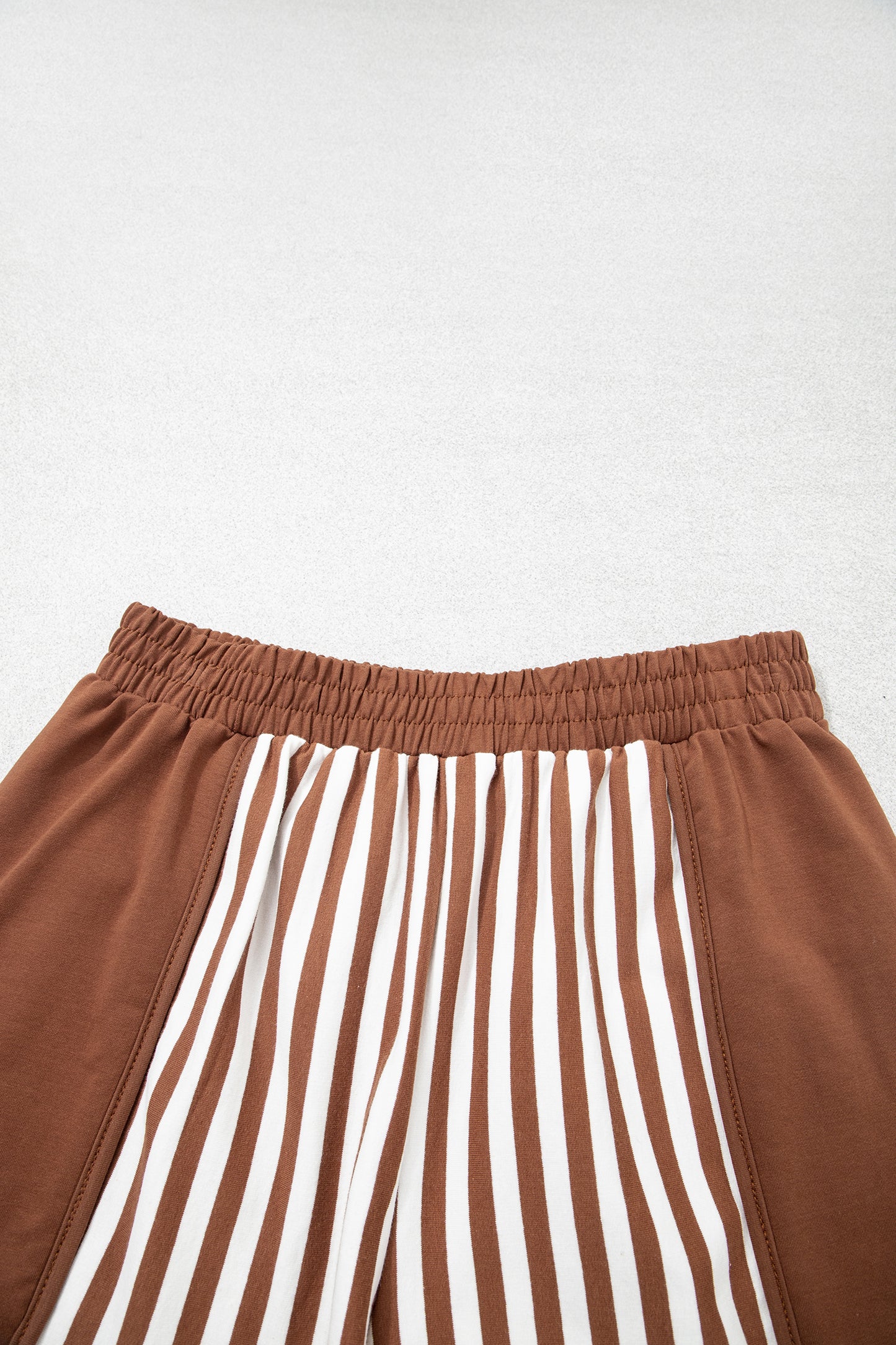 Brown Stripe Color Block Patchwork Quarter Zip Pullover Sporty Shorts Set
