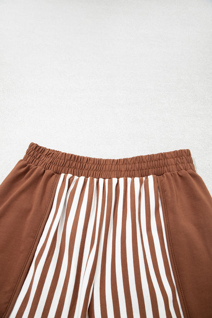 Brown Stripe Color Block Patchwork Quarter Zip Pullover Sporty Shorts Set