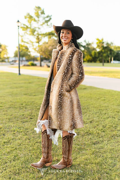 Brown Deer Faux Fur Western Longline Coat