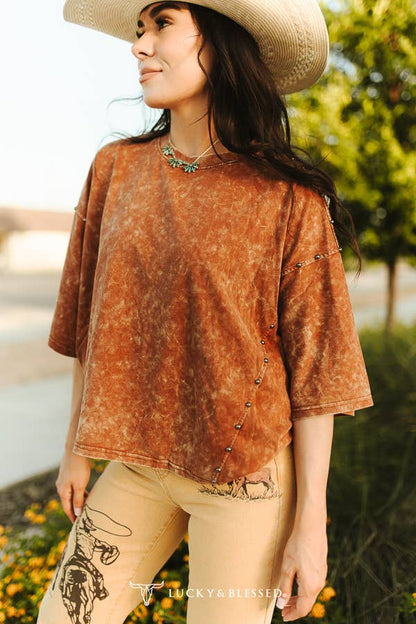 Camel Mineral Wash Studded Side Seam Oversized Tee XL-3XL
