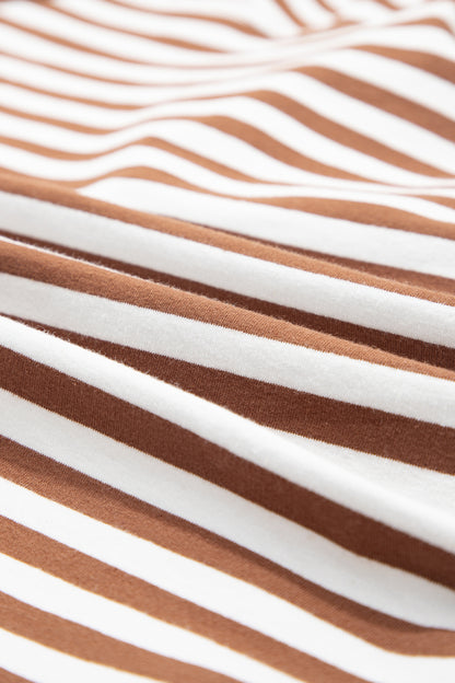 Brown Stripe Color Block Patchwork Quarter Zip Pullover Sporty Shorts Set