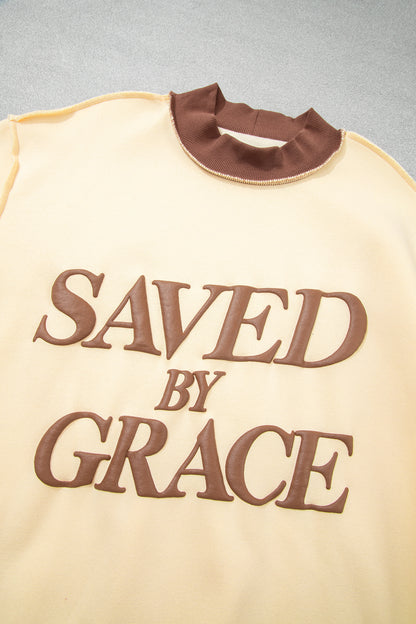 Beige Saved By Grace Print Color Block Mock Neck Oversized Sweatshirt