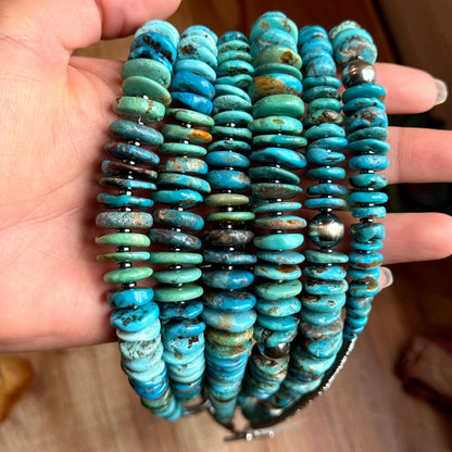 Dark Blue Turquoise Graduated Necklace with Hematite & Sterling Silver Accents – 23”
