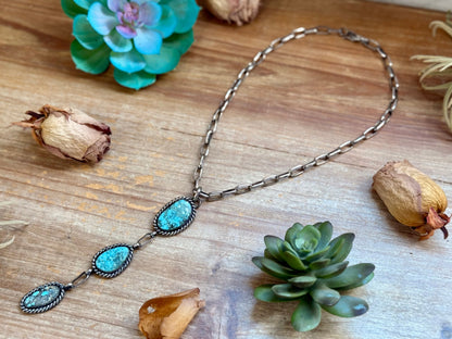 MJ 2 in 1 Three-Stone Turquoise Pendant & Handmade Paperclip Chain