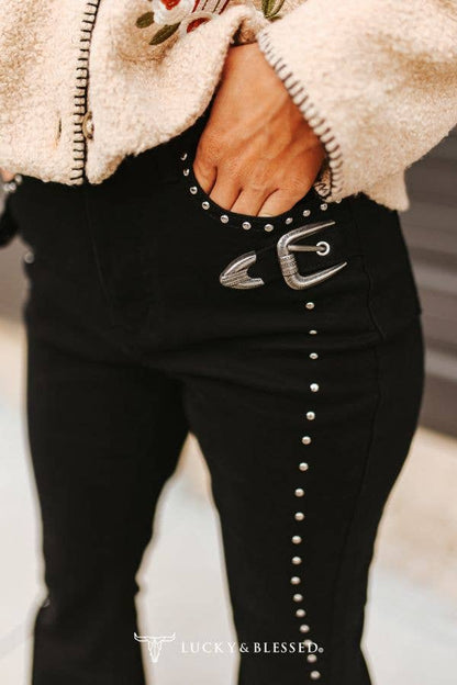 Black Vintage Studded Front Side Buckle Pants