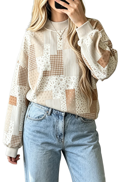 Khaki Patchwork Floral Print Mock Neck Long Sleeve Sweatshirt