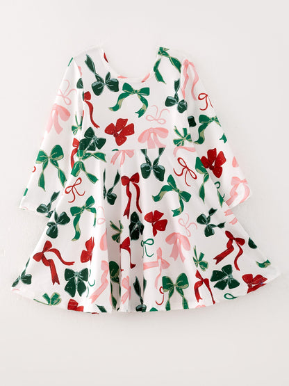 Girls Christmas Bow Print Dress