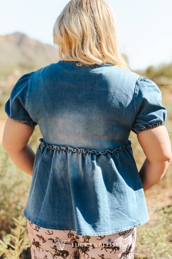 Denim Puff Sleeve Peplum Top with Snaffle Bit Buckle Detail