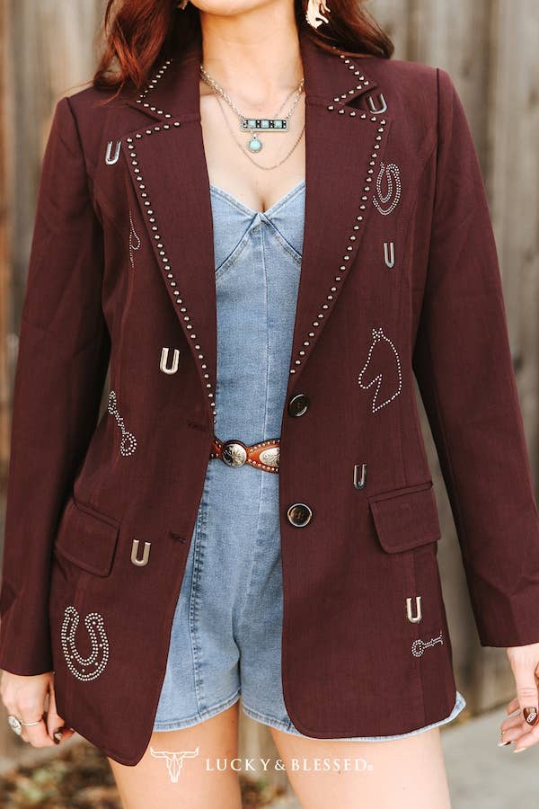 Brown Wine Vintage Studded Western Detail Blazer
