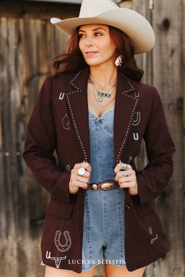 Brown Wine Vintage Studded Western Detail Blazer