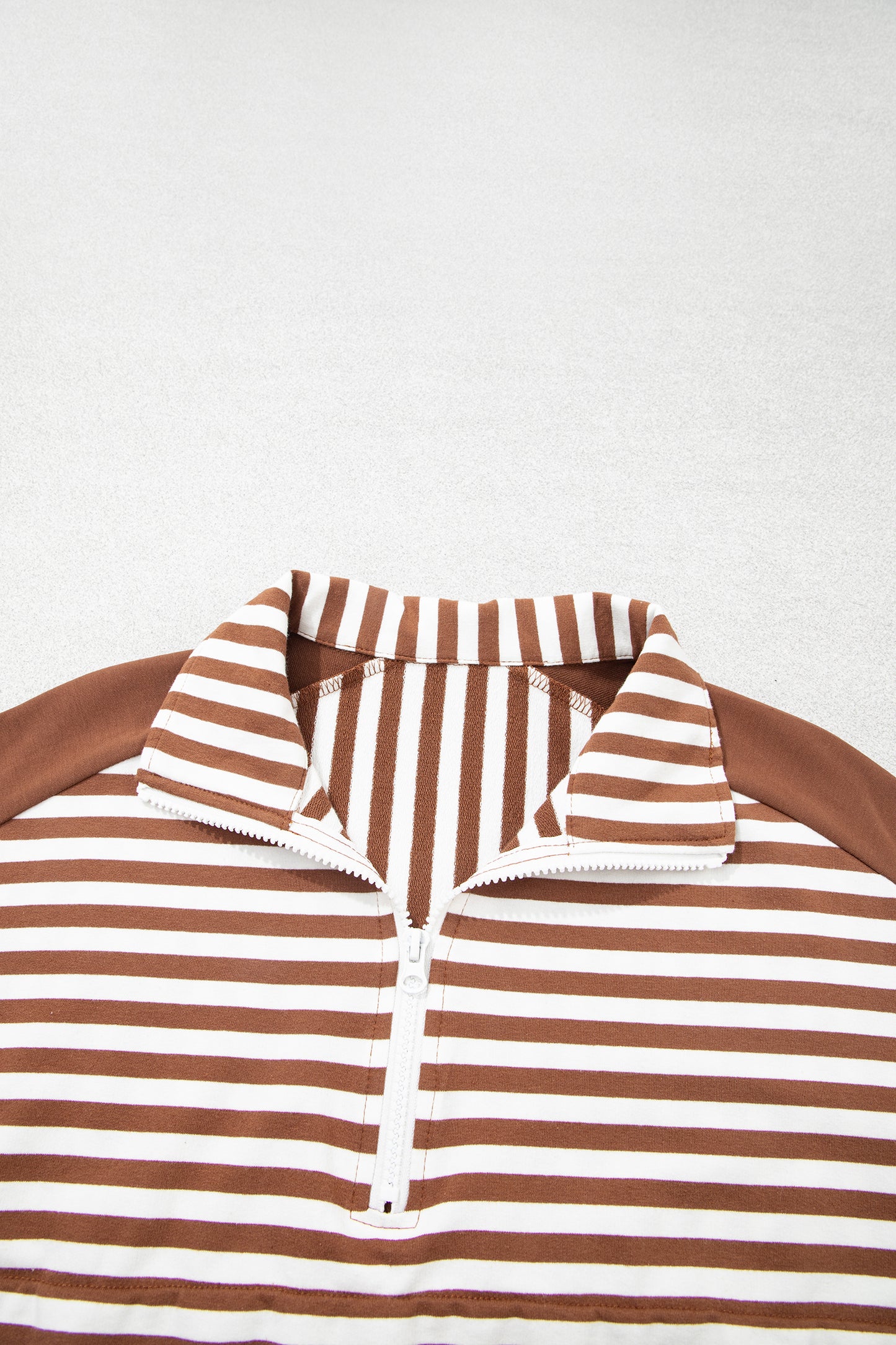 Brown Stripe Color Block Patchwork Quarter Zip Pullover Sporty Shorts Set