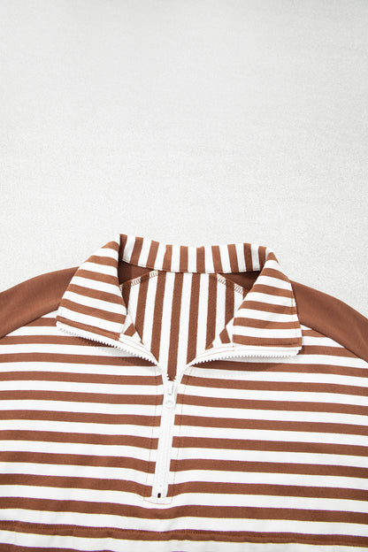 Brown Stripe Color Block Patchwork Quarter Zip Pullover Sporty Shorts Set