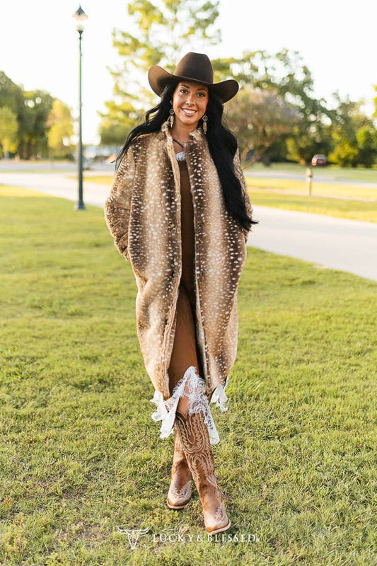Brown Deer Faux Fur Western Longline Coat