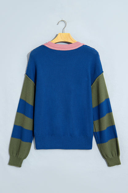 Multicolour Western Colorblock Patchwork Striped Long Sleeve Pullover Sweater
