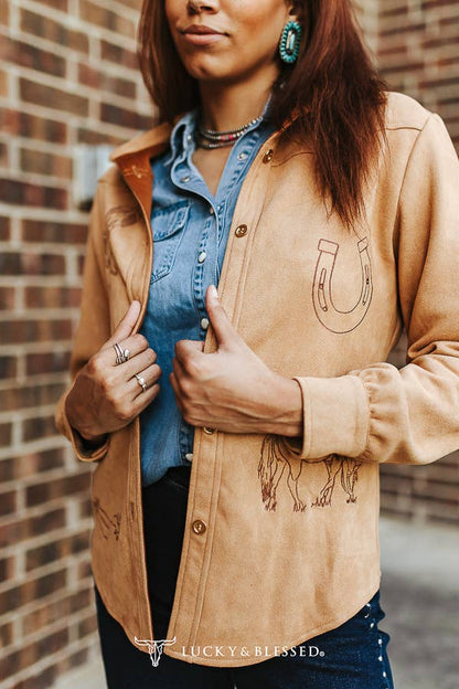 Camel Suede Western Yoke Concho Button Down Shirt