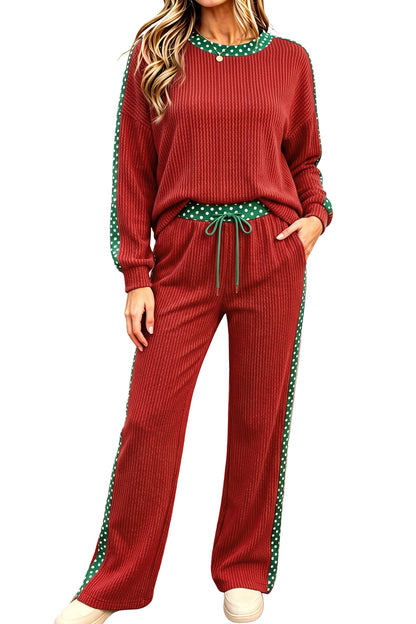 Simply Taupe Cozy Ribbed Patchwork Leopard Trim Long Sleeve 2pcs Pant Set