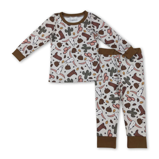 Bull skull cactus pumpkin western boys fall pajamas
