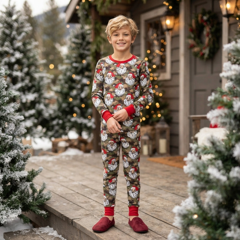 Long sleeves camo santa top pants boys Christmas outfits