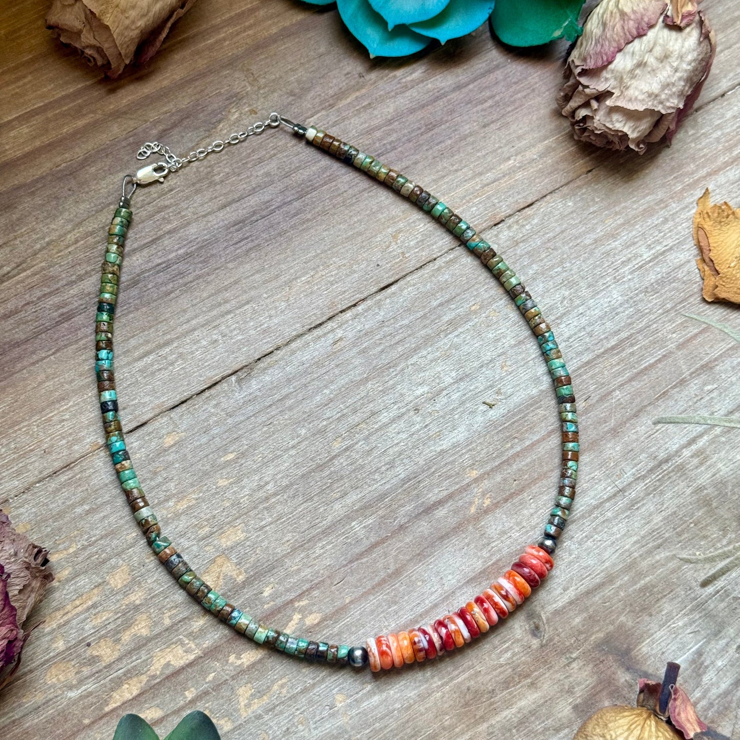 Green Turquoise & Orange Spiny Oyster Fall Necklace