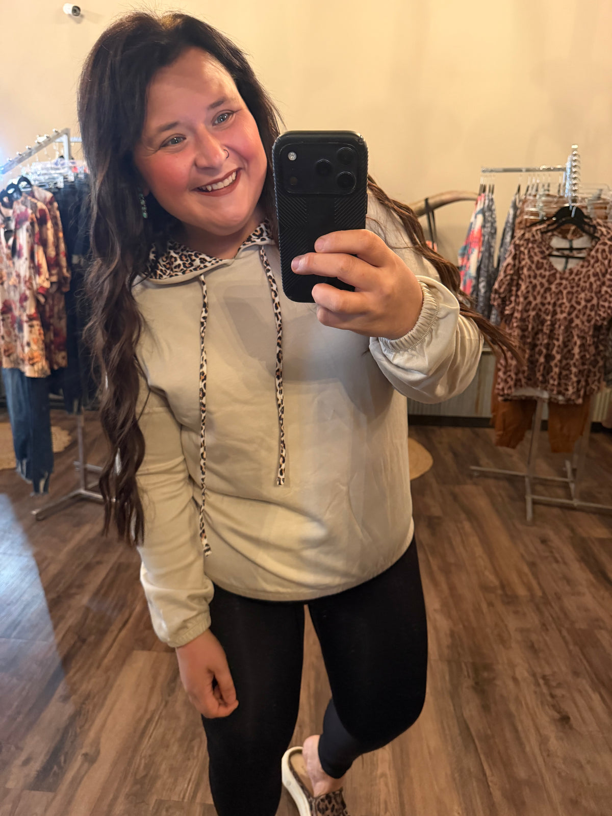 Beige Leopard Print Lined Hoodie with Drawstring