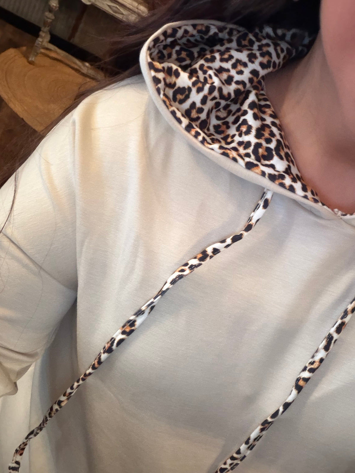 Beige Leopard Print Lined Hoodie with Drawstring